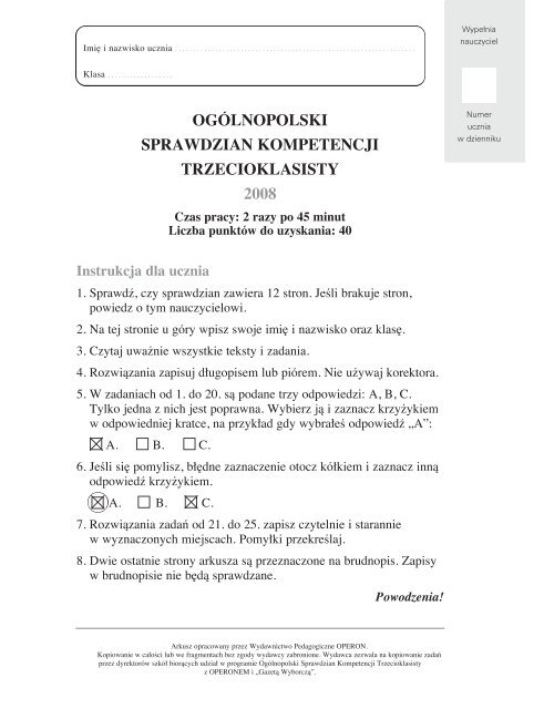 ogólnopolski sprawdzian kompetencji trzecioklasisty 2008