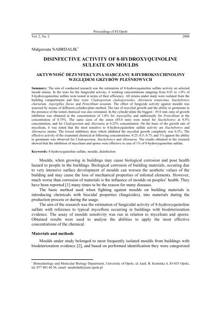 disinfective activity of 8-hydroxyquinoline sulfate on moulds