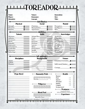 Toreador 4-Page Neonate Sheet - MrGone's Character Sheets