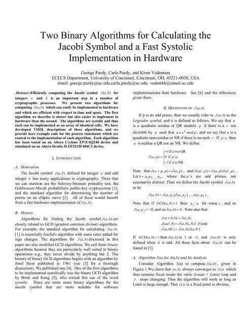 Two Binary Algorithms for Calculating the Jacobi Symbol and a Fast ...