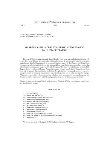 Mass transfer model for humic acid removal by ultrafiltration