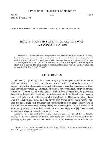 Reaction kinetics and thiourea removal by ozone oxidation