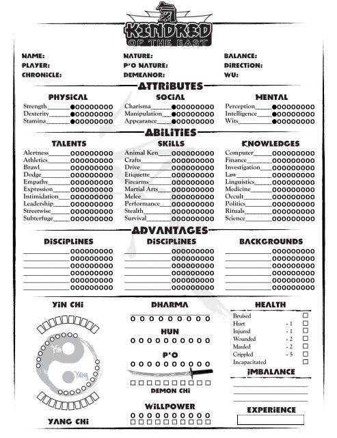 character sheet  The Kindred Diaries