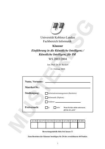 Klausur zu "Einführung in die KI" im WS 03/04