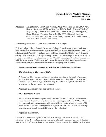 College Council Meeting Minutes December 8, 2006 ELB 130