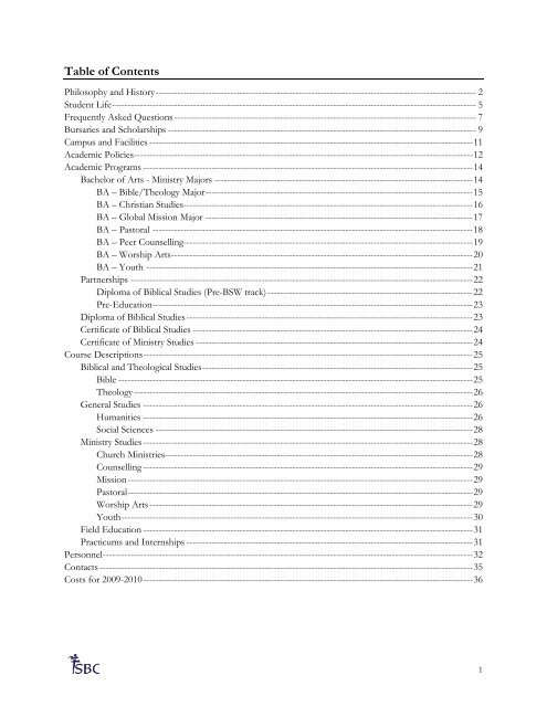 Table of Contents - Steinbach Bible College