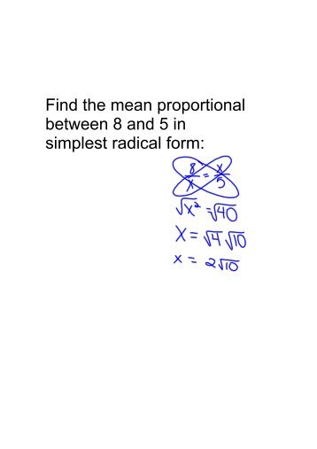 Find the mean proportional between 8 and 5 in simplest radical form: