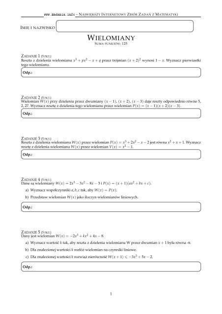 Wielomiany Zadania Filetype Pdf Rozszerzenie Sprawdzian
