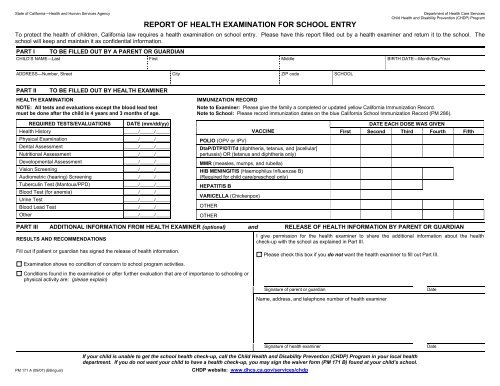 Report of Health Examination for School Entry - McKinley ...