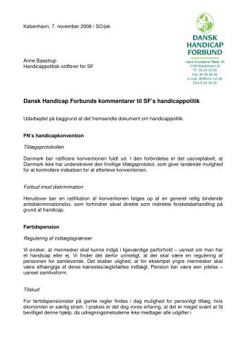 Dansk Handicap Forbunds kommentarer til SF's handicappolitik