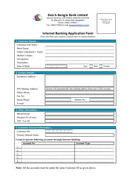 Internet Banking Application Form - Dutch-Bangla Bank Limited