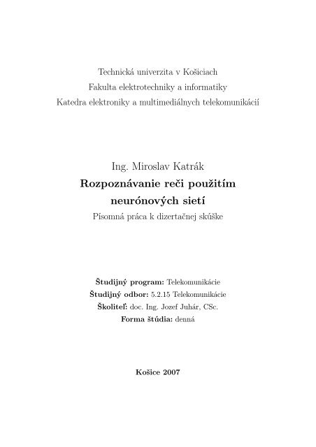 Ing. Miroslav Katrák Rozpoznávanie reči použitím ... - TUKE