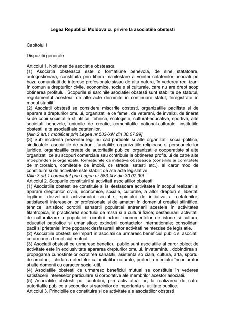 Legea Republicii Moldova cu privire la asociatiile obstesti Capitolul I ...
