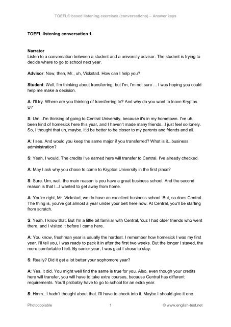 Toefl Transcript. Sample 50 TOEFL conversations transcripts with answer ... - English-Test.net