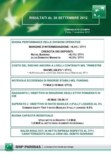 RISULTATI AL 30 SETTEMBRE 2012 - BNP Paribas