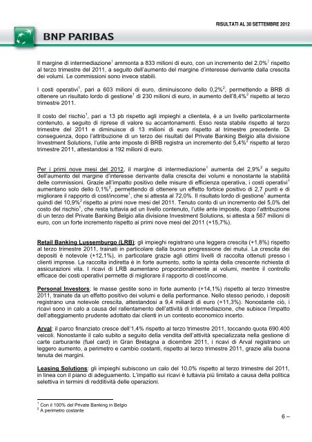 RISULTATI AL 30 SETTEMBRE 2012 - BNP Paribas