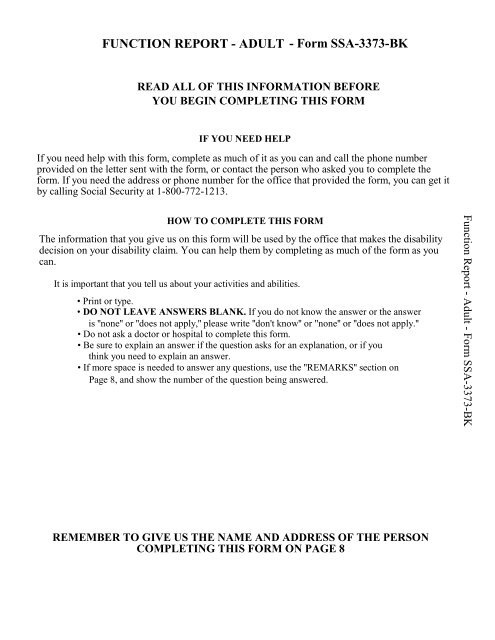 SSI Adult Function Report