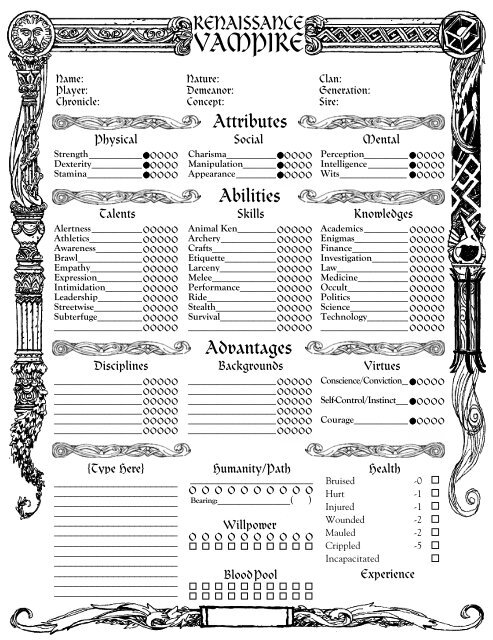 By Night Studios Vampire Character Sheet Expanded by ArcanaJester