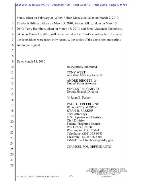 Notice of Lodging Deposition Transcripts - The DADT Digital Archive