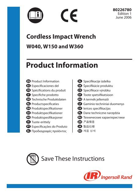 Product Information Manual, Cordless Impact Wrench, Models W040 ...