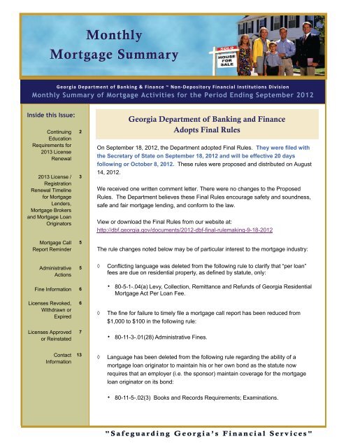 Monthly Mortgage Summary - Department of Banking and Finance