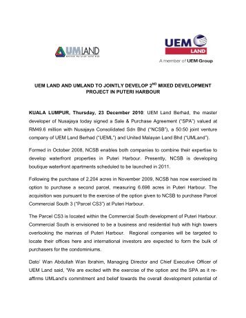 UEM LAND AND UMLAND TO JOINTLY DEVELOP ... - ChartNexus