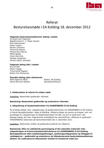 Referat Bestyrelsesmøde i EA Kolding 18. december 2012