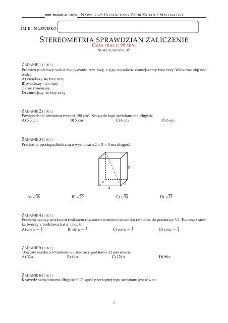 Stereometria Sprawdzian Zaliczenie Zadania Info