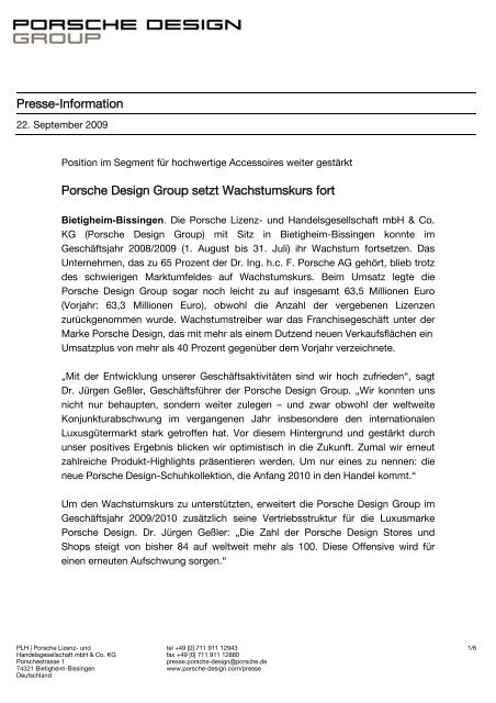 Presse-Information Porsche Design Group setzt Wachstumskurs fort