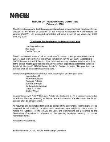 REPORT OF THE NOMINATING COMMITTEE February 9, 2006 The ...