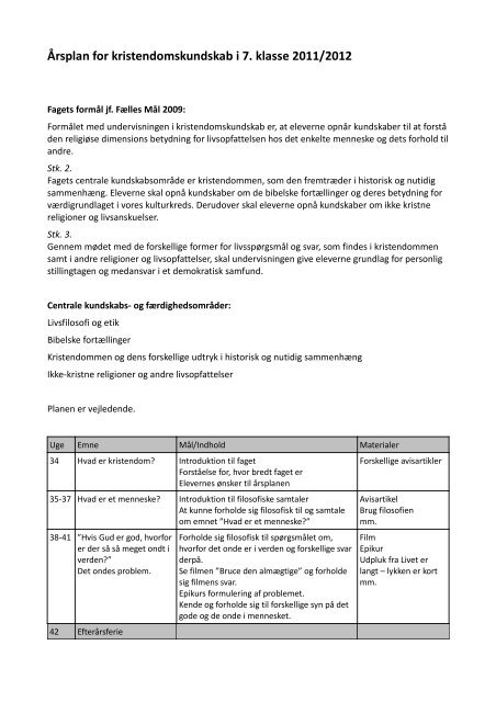 Årsplan for kristendomskundskab i 7. klasse 2011/2012 - Esajasskolen