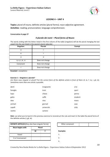 10 LEZIONE 4 ? UNIT 4 Topics: plural of nouns ... - Italian Week