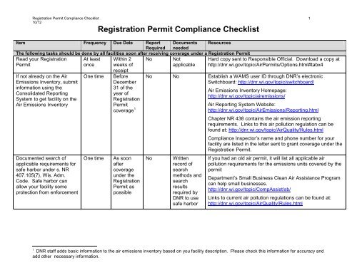 Registration Permit Compliance Checklist Wisconsin Department