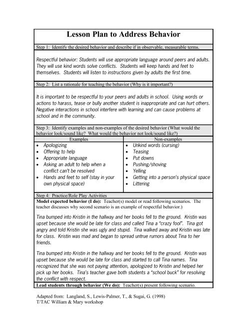 Lesson Plan To Address Behavior School Of Education
