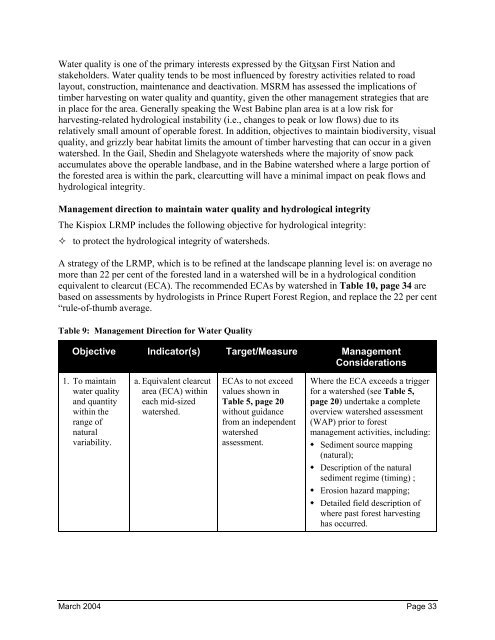 West Babine Sustainable Resource Management Plan