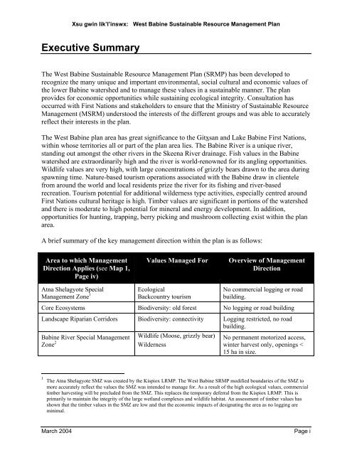 West Babine Sustainable Resource Management Plan