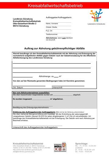 Auftrag zur Abholung kostenpflichtiger Abfälle - Landkreis Günzburg