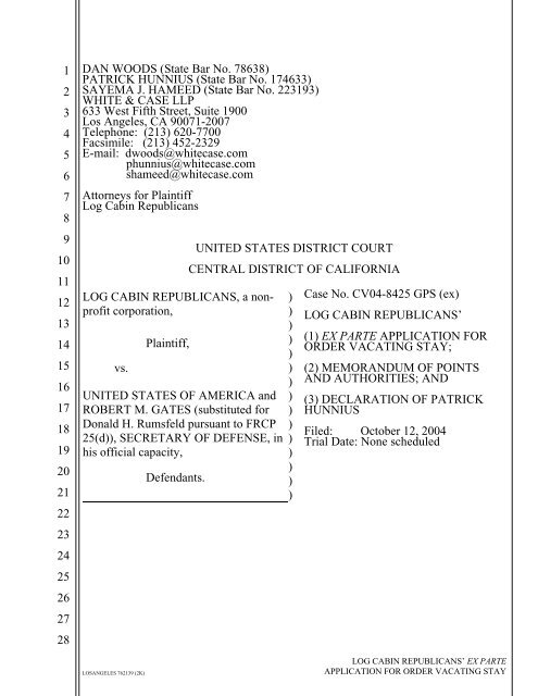 Ex Parte Application for Order Vacating Stay, Memorandum, and ...