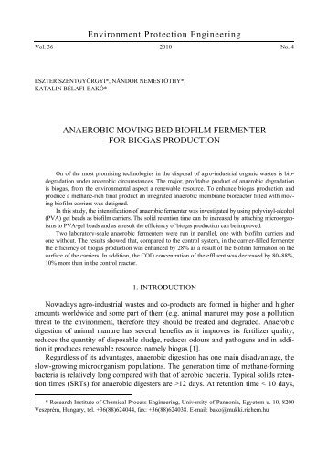 Anaerobic moving bed biofilm fermenter for biogas production - EPE ...