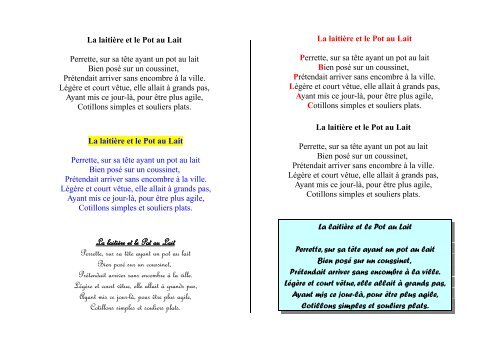 La Laitière Et Le Pot Au Lait Texte à Imprimer La laitière et le Pot au Lait Perrette, sur sa tête ayant un pot au