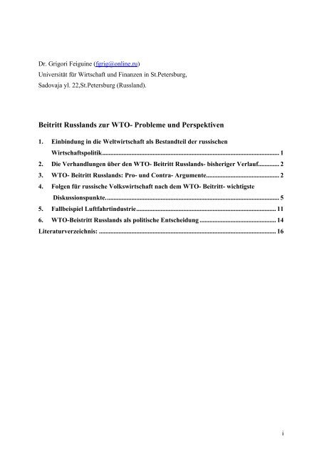 Beitritt Russlands zur WTO- Probleme und Perspektiven - EIIW