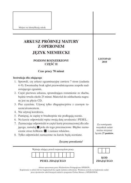 arkusz próbnej matury z operonem język niemiecki - dlaStudenta.pl