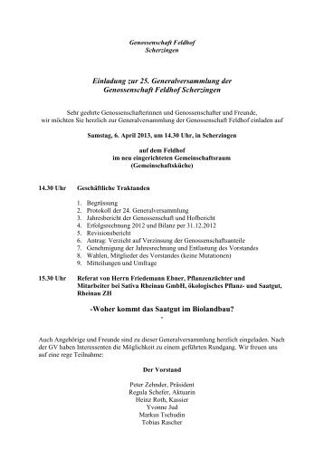 Einladung zur Generalversammlung der ... - Demeter-Feldhof