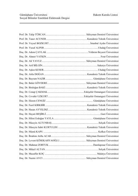 dergi hakem kurulu - GÜ SBE Elektronik Dergisi - Gümüşhane ...