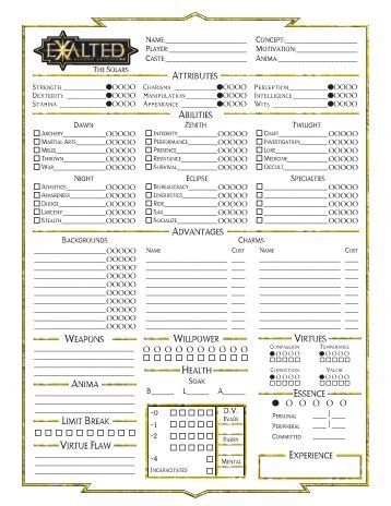 Exalted 2nd ED. Solars 4-Page Sheet - MrGone's Character Sheets