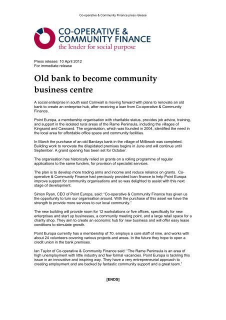 press release - Co-operative and Community Finance