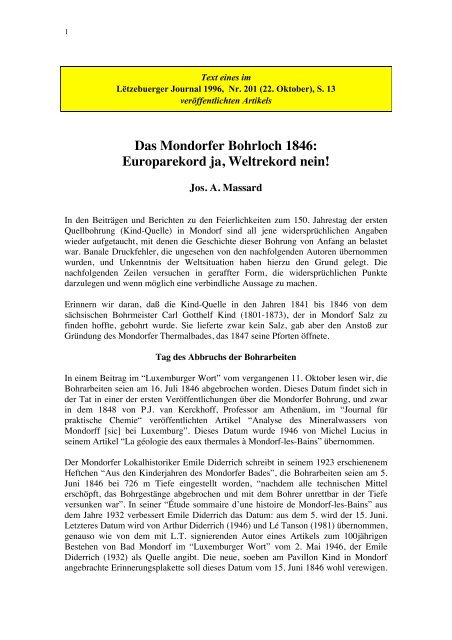 Das Mondorfer Bohrloch 1846: Europarekord ja ... - Jos A. Massard