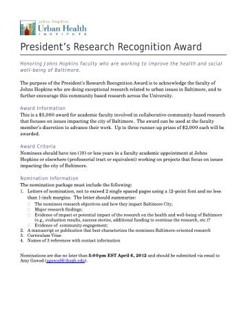 President's Research Recognition Award - Urban Health Institute