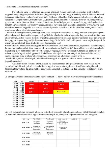 Tájékoztató Méréstechnika laborgyakorlatokról