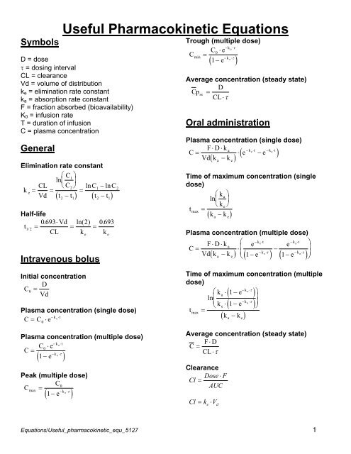 Useful Pharmacokinetic Equations